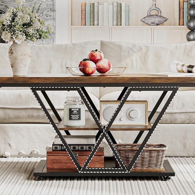 Coffee Table with Storage Industrial 3 Tier Center Living Room Table Farmhouse Wooden Rectangle Cocktail Rustic Tea Table for Office Bedroom(Brown)