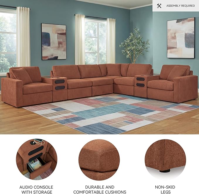 Signature Design by Ashley Modmax Contemporary Stain Resistant Right-Arm Facing 8-Piece Sectional with Audio Consoles, Armrest, Throw Pillows, Reversible Cushions and USB Port, Orange