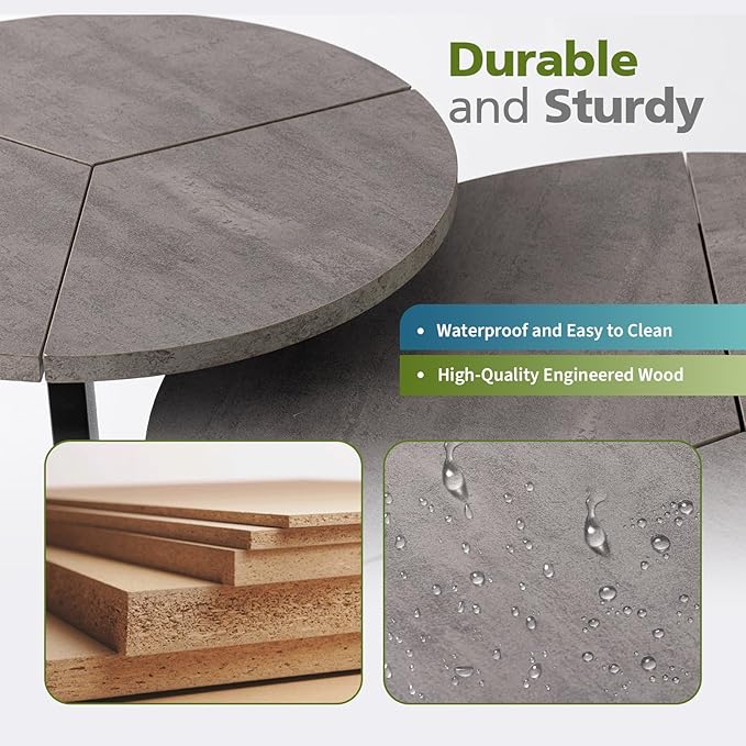 COSIEST Small Coffee Table Set of 2, Round Coffee Table with Sturdy Metal Base, Nesting Coffee Table for Living Room, Bedroom, Office (Gray & Black)