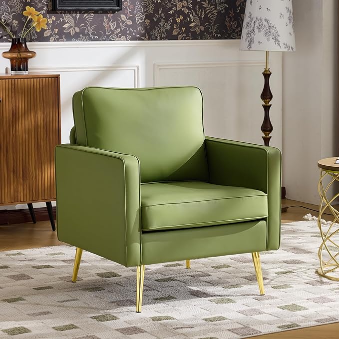 VINGLI Modern PU Leather Accent Chair, Single Sofa Chair with Pocket Coil Seat, Metal Backrest & Solid Wood Frame, Upholstered Armchair for Living Room, Bedroom or Office