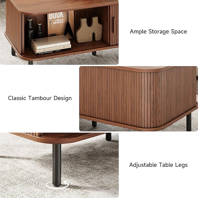 Coffee Table with Storage, 47.2" Mid Century Modern Coffee Tables for Living Room, Rectangle Wood Center Table with Sliding Tambour Door & Adjustable Leg for Living Room, Walnut
