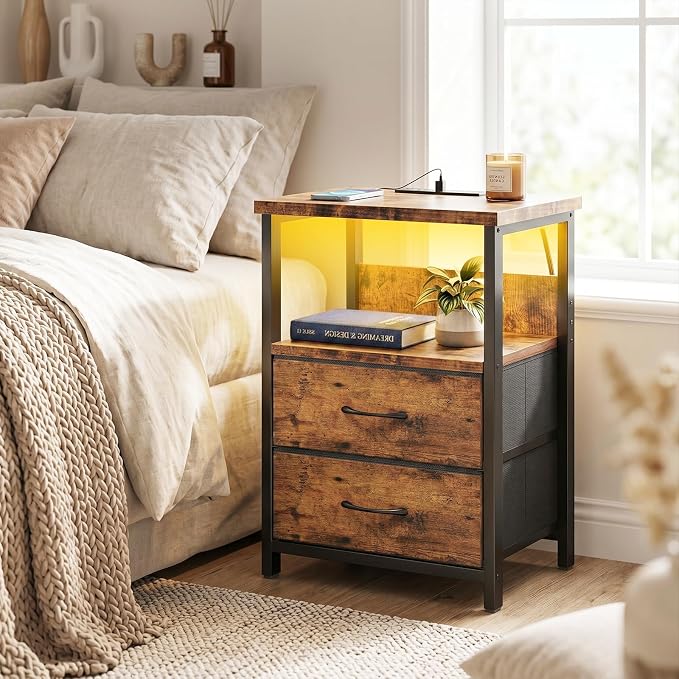 Fixwal Night Stand with Charging Station, LED Nightstand with U-S-B Ports and Outlets, 2 Fabric Storage Drawers with PU Finish, Bedside Table, Rustic Brown - Image 2