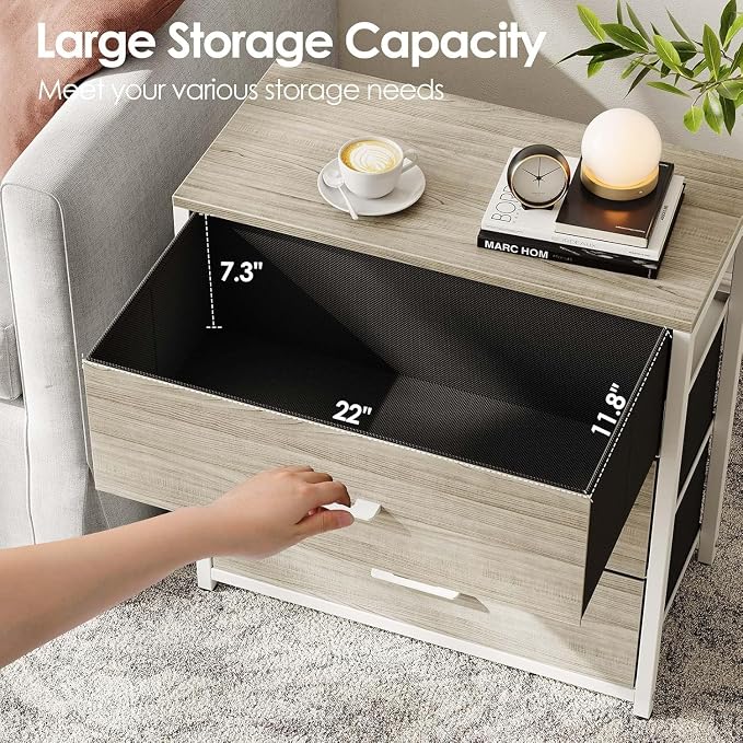 Memobarco Nightstand, End Table, Bedside Table, Tall Fabric Dresser with 3 Drawer, White Drawers Small Chests of Drawers Organizer Storage Tower with Steel Frame, Wooden Top & Front for Bedroom - Image 5