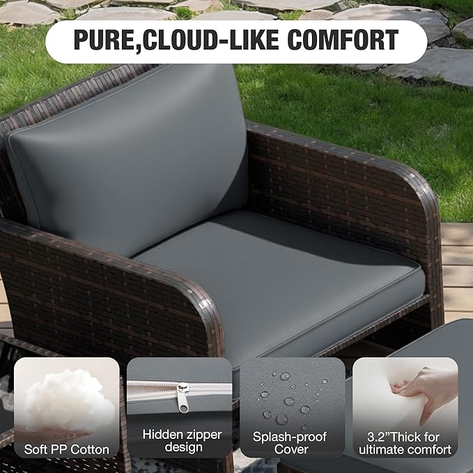 LEVELEVE Patio Conversation Set 5 Piece, Balcony Furniture Outdoor PE Rattan Wicker Lounge Chairs with Soft Cushions, 2 Ottomans & Glass Table for Porch Lawn, Brown (Dark Grey Cushions