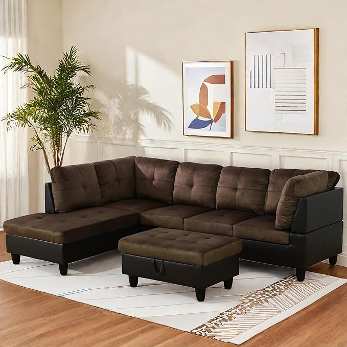 FONTOI L Shaped Sectional Couch with Otttoman, 103" Sectional Sofa for Living Room Flannel Modular Couches with Cup Holders for Bedroom, Apartments, Brown