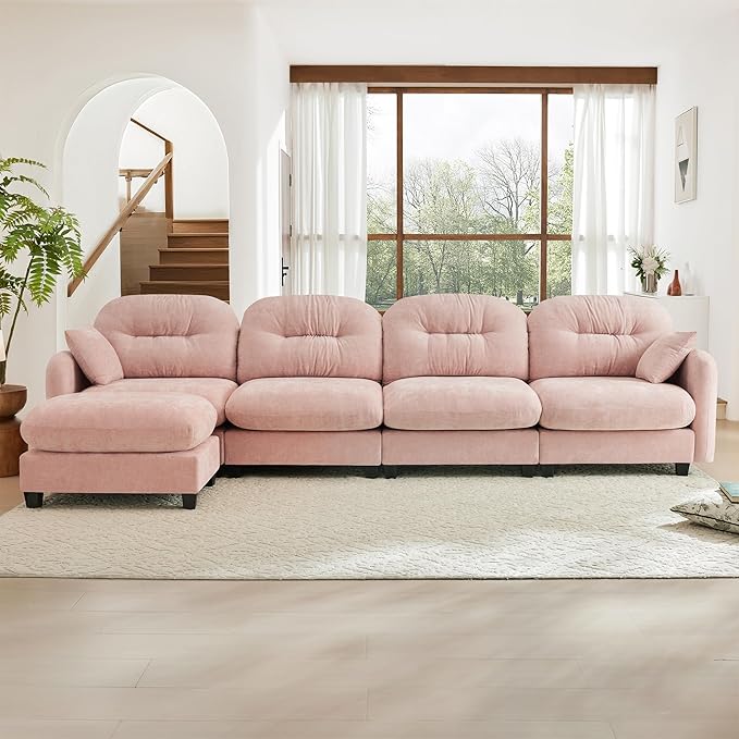 KEIKI 140" L-Shaped Oversized Chenille Modular Sectional Sofa with 1 Ottoman, High-Density Foam Cushions, Tufted Pleated Cushion Backrest, Modern 4-Seater Couch with 2 Pillow, for Living Room, Pink