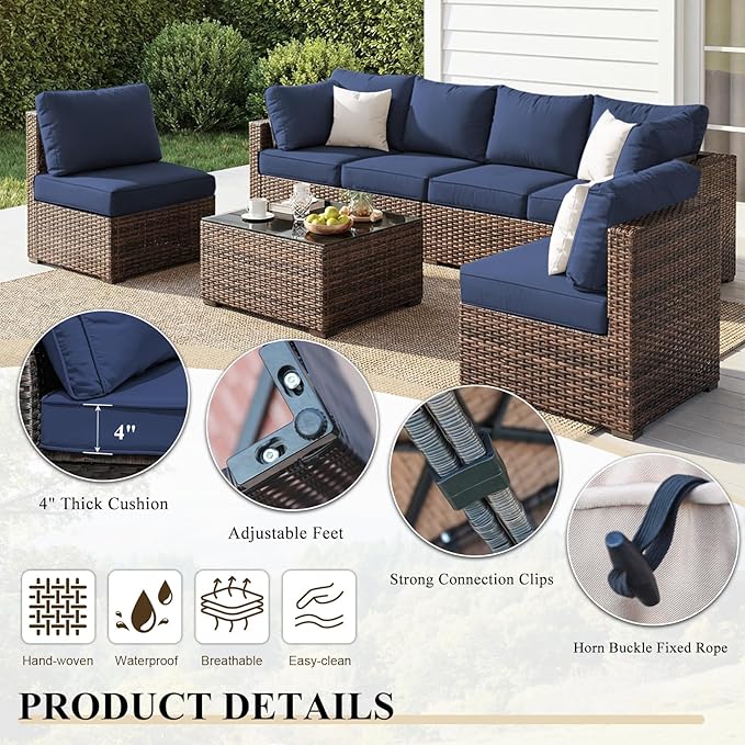7 Pieces Patio Furniture Set, Rattan Outdoor Sectional Conversation Sets, All Weather Outdoor Furniture Set with Cushions for Garden Lawn Balcony Porch Deck Blue