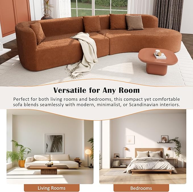 Merax Modern Minimalist Large 2-Piece Sectional Curved Chenille Sofa with 3 Pillows and High-Density Foam for Luxurious Comfort and Seamless, for Living Room, Bedroom, Orange