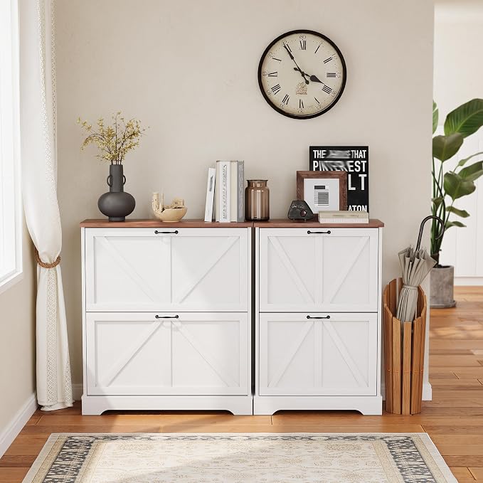 Semiocthome Farmhouse Shoe Storage Cabinet with 2 Flip Drawers, 31.5"(W) Freestanding Shoe Organizer with Barn Door and Metal Handles for Entryway, Rustic Narrow Slim Shoe Rack Cabinet - White - Image 9