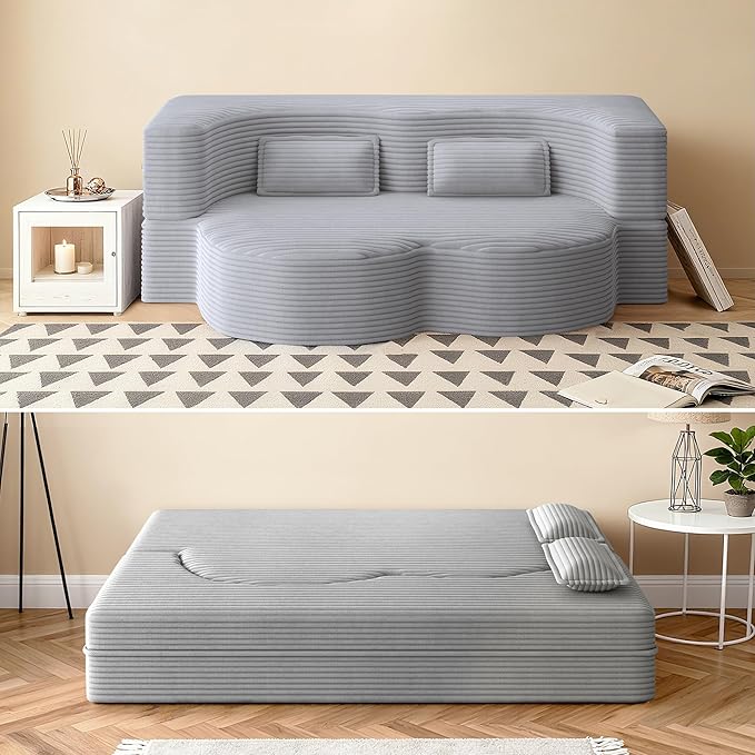 78" Convertible Sofa Bed, 2-in-1 Folding Floor Couch with 2 Pillows, Sleeper Sofa for Living Room and Bedroom, No Assembly Required (Light Grey, Corduroy Fabric)