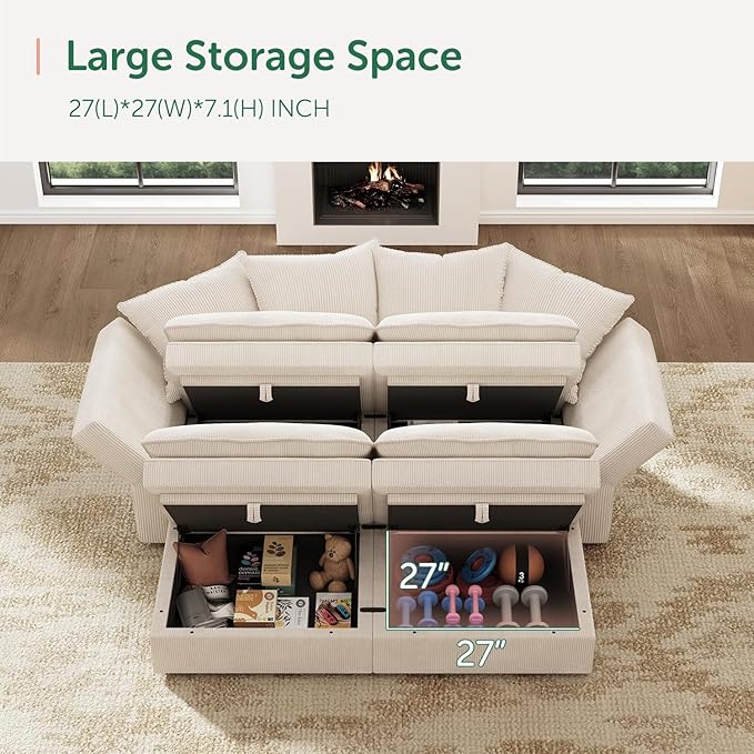 HONBAY Modular Sectional Sleeper Sofa, Corduroy 4 Seater Couch with Storage, Sectional Sleeper Couches for Living Room, Beige