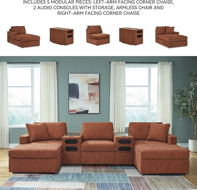 Signature Design by Ashley Modern Modmax Stain Resistant U-Shape Symmetrical 5-Piece Double Chaise with Audio Consoles and Reversible Cushion, Orange