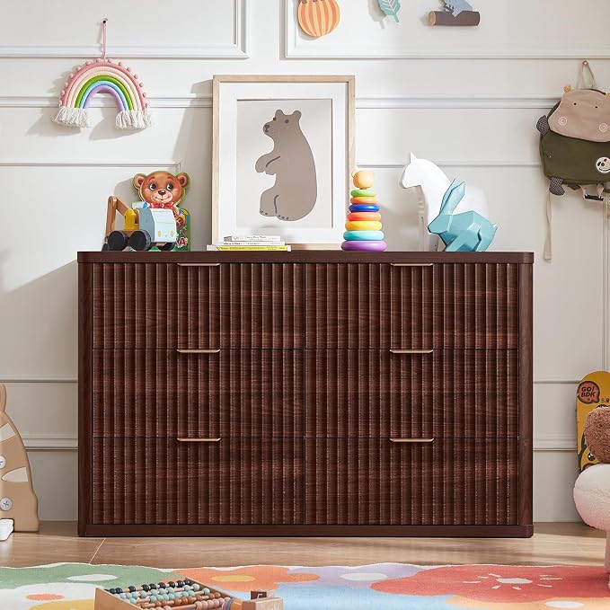 LEYAOYAO Fluted 6 Drawers Dresser for Bedroom, 48" Wide Modern Chest of Drawers with Metal Handle, Walnut Curved Profile Farmhouse Closet Organizer Wood Dressers TV Stand for Living Room, Hallway - Image 4