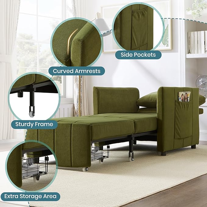 Ball & Cast 31.5" Futon Sofa-Bed,Convertible Pull Out Couch with Storage Basket,Sleeper Sofabed W/Adjustable Backrest and Side Pocket,Chaise Lounge for Living Room,Chenille Fabric,Green