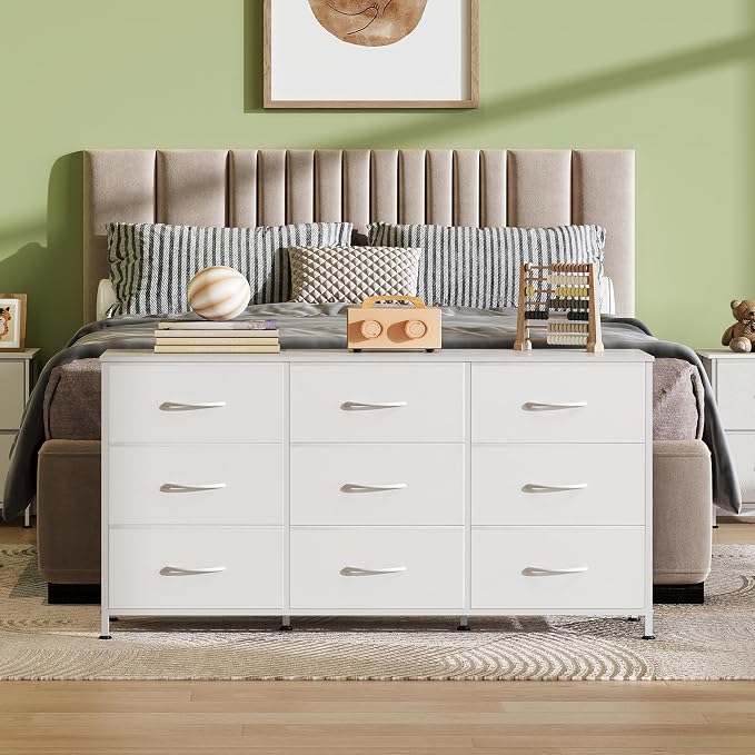 WLIVE 47''W Dresser for Bedroom, White Dresser TV Stand for 45, 50, 55 inch TV, Wide Chest of Drawers with 9 Drawer, Large Entertainment Center, Fabric Dressers with Wood Top for Closet, Living Room - Image 2