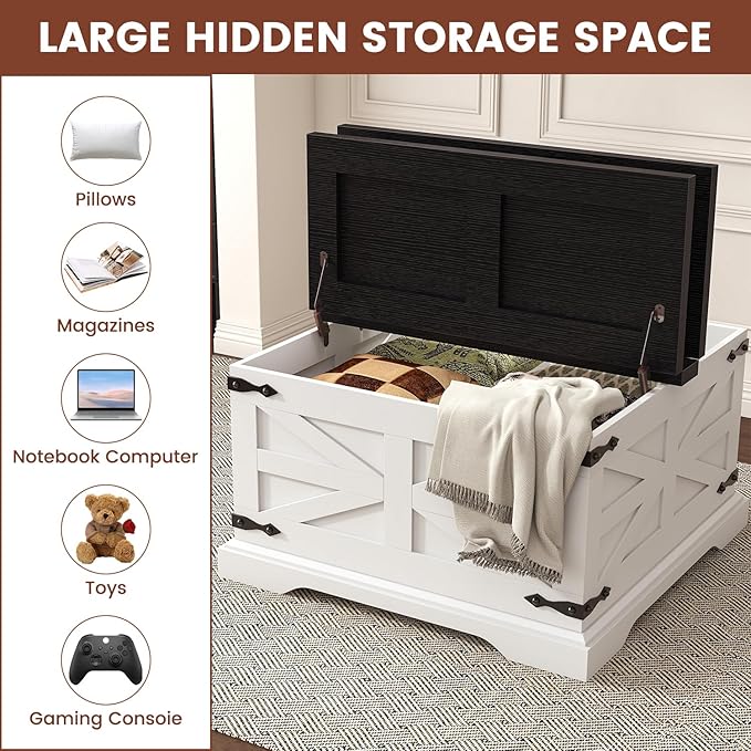 Farmhouse Coffee Table with Storage, Square Center Table for Living Room, Rustic, Hinged Lift Top Soft Close, Wood, Large Hidden Storage, Modern, Metal Corner, White Black