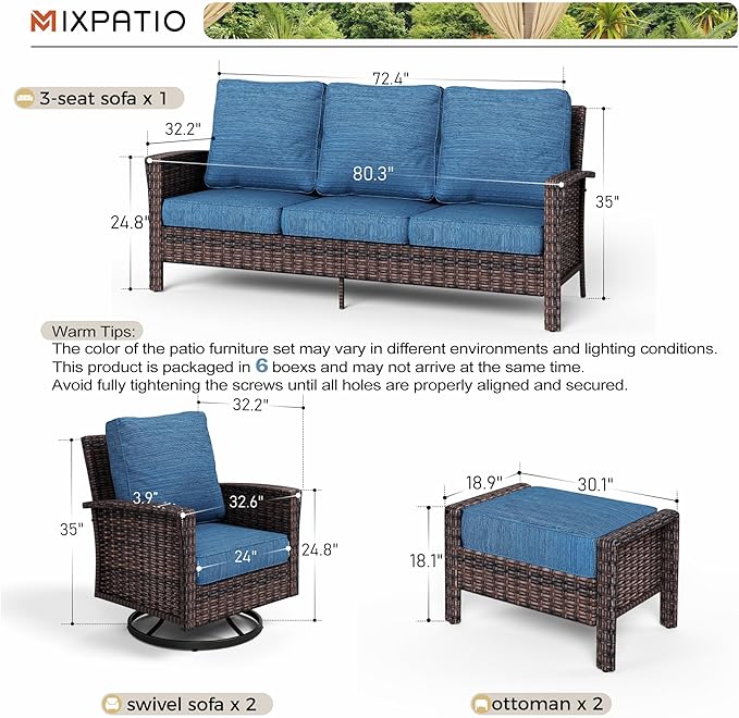 5-Piece Wicker Patio Furniture Set with Swivel Chairs, High Back Outdoor Furniture with 5.5-inch Thick Cushion and Ottoman, All-Weather Wicker Patio Conversation Set for Deck Lawn, Navy Blue
