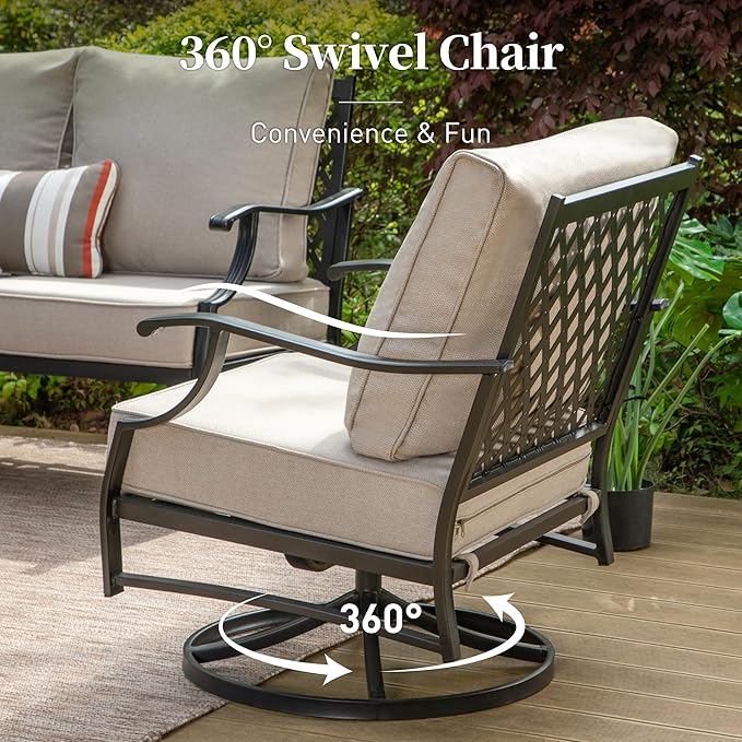 Patio Furniture Set, 4 Piece Modern Metal Outdoor Patio Furniture, 3 Seater Couch, 2 swivel Chairs, Coffee Table and 5.75" Extra Thick Cushion, Patio Conversation Set for Backyard Deck