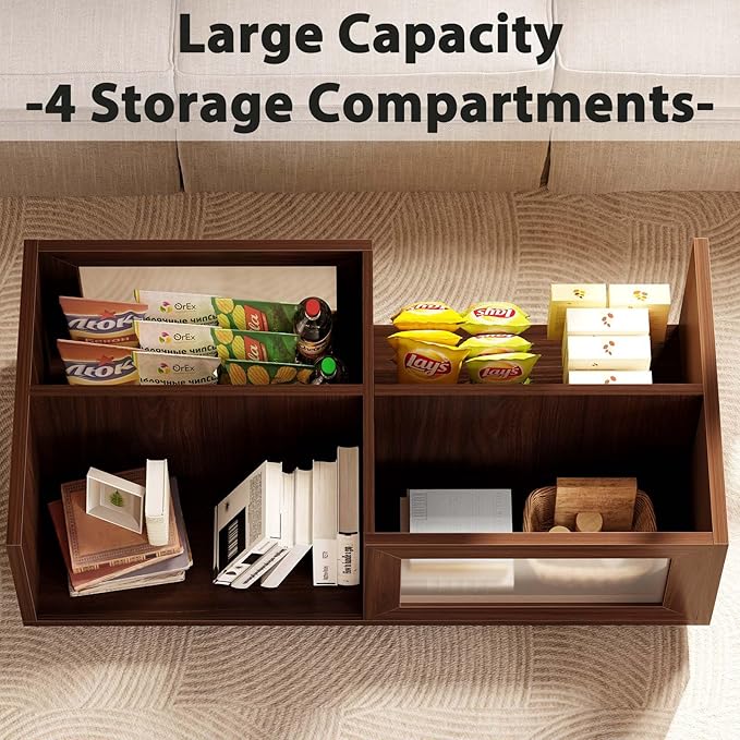 HSH Coffee Table for Living Room, Long Rectangle Coffee Table with Storage, Farmhouse Wood Low Coffee Tables, 2-Tier Wood Desktop Center Tea Table with Open Shelf, Walnut