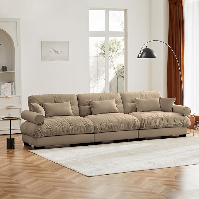 KEIKI 130" Oversized Velvet Modular Sectional Sofa with High-Density Foam Cushion and Bolstered Armrests, Upholstered Modern Style 3-Seater Cloud Couch with 5 Pillow, for Apartment, Living Room, Camel