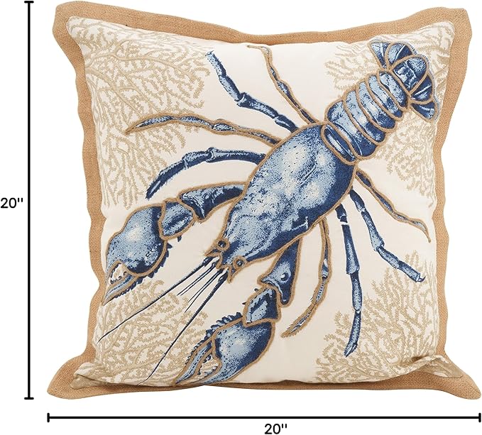 SARO LIFESTYLE Neptunian Coastal Throw Pillow – 20” x 20”, Woven Cotton Cover with Jute Trim, Zipper Closure, Down & Feather Insert – Lobster, Navy Blue