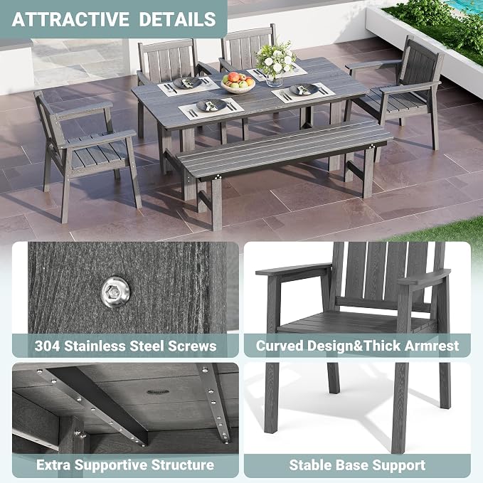 Pamapic 6 PCS Outdoor Dining Set, Spacious HDPE Outdoor Table with 4 Chairs and 1 Bench, Wood Grain Patio Furniture Sets with Elegant Armrest, All-Weather Patio Dining Table with Umbrella Hole, Gray - Image 8
