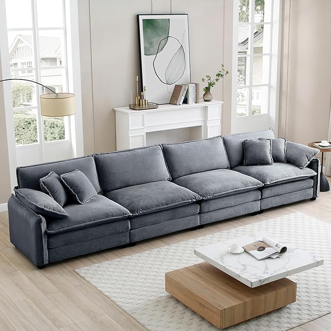 KEIKI 150" Oversized Corduroy Modular Sectional Cloud Sofa with High-Density Foam Cushions, Removable Armrests, Upholstered Modern 4-Seater Fluffy Corner Couch with 6 Pillow, for Living Room, Grey