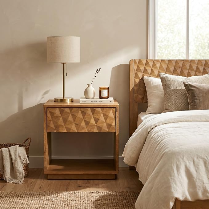 NTC Sapa Solid Wood Nightstand with 3D Carved Drawer Front – Modern Bedside Table with Open Shelf, Easy Assembled - Teak Look by NTC