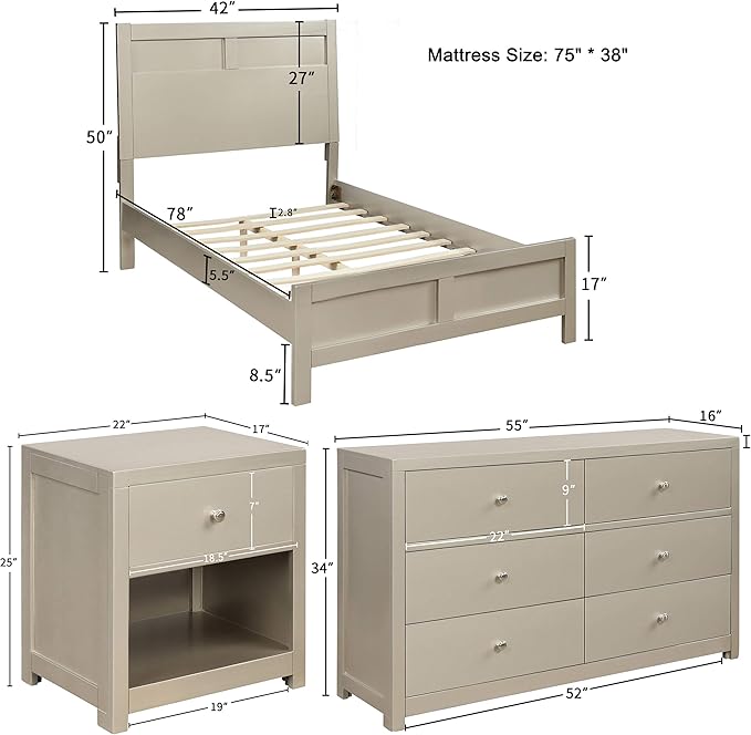SOFTSEA 3-Piece Bedroom Sets Featuring Twin Size Platform Bed, Matching Nightstands and Dresser, Solid Wood Bedroom Furniture Set (Twin)