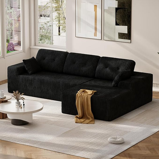 Ball & Cast 106" Cloud Modular Sectional Sofa, Boneless Corduroy Couch with Deep Seat, Comfy L-Shaped Sectional, Modern Upholstered Sofa for Living Room, No Assembly (Black, Right Facing Chaise)