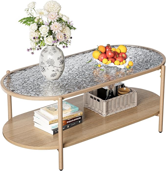 Glass Coffee Table, 44” Tea Dinner Table 2-Tier Oval Center Table Wave Pattern Tempered Glass Table Top With Anti Slip Pads, for Living Room Office Cafe Reception Room Small Space Apartment