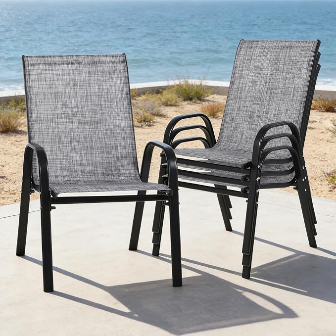 Outdoor Stackable Chairs Set of 4, Stacking Patio Chairs with Textilene Fabric, Outside Furniture for Garden Backyard Balconie Poolside Deck, Grey - Image 2