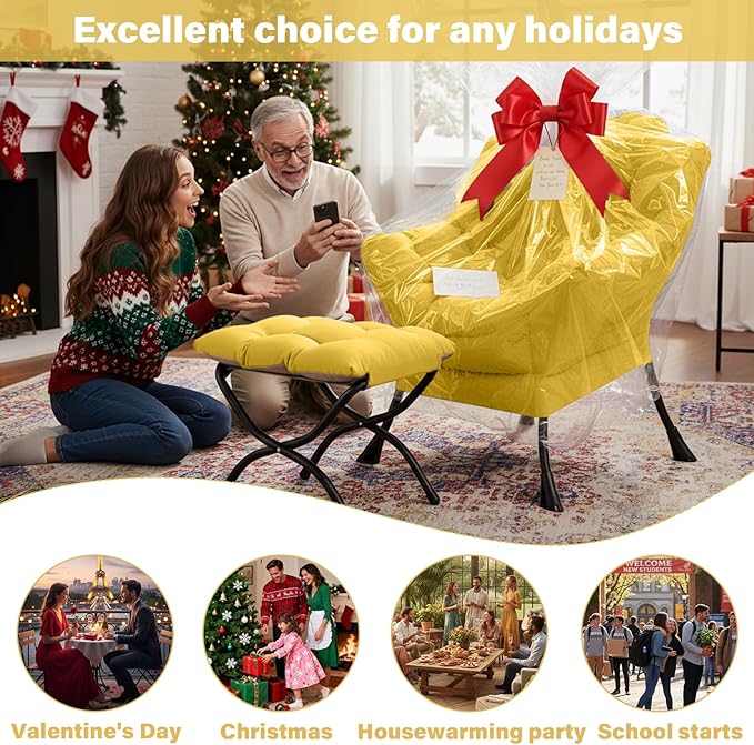 Lazy Chair with Ottoman, Large Accent Yellow Velvet Chair with Side Pocket, Modern Leisure Upholstered Sofa Reading Armchair with Footrest for Office, Bedroom, Living Room, Dorm Rooms, Balcony