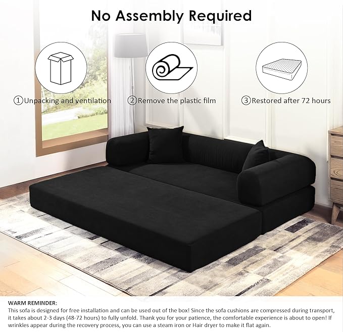 80" Convertible Sofa Bed, 3-in-1 Corduroy Folding Pull Out Couch with Pillows, No Assembly Modern Boneless Couch Compression Sofa in Box, Floor Sofa with Side Storage for Living Room,Black