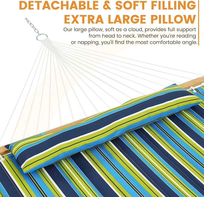 Lazy Daze Hammocks 12 FT Quilted Fabric Double Hammock with Spreader Bars and Detachable Pillow, 450lbs Weight Capacity, Blue Green Stripes - Image 2
