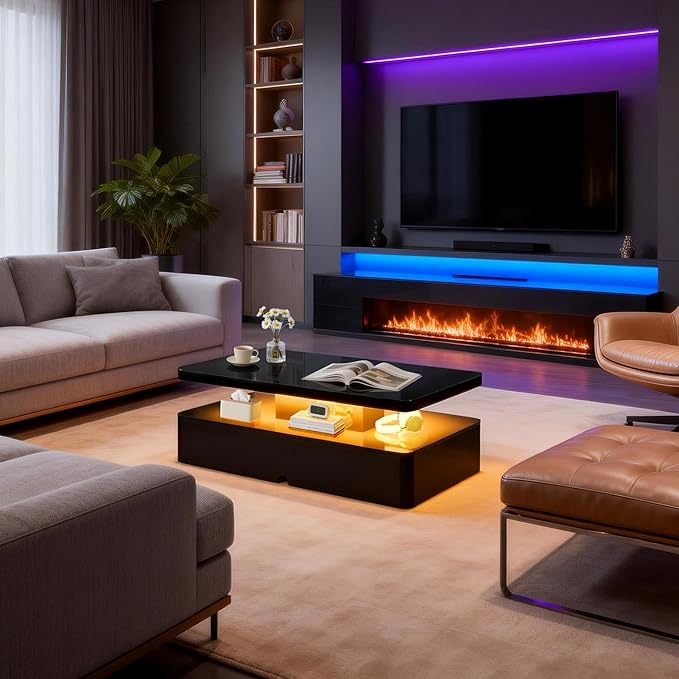 47" Modern Coffee Table with 16 Colors LED Lights, 2 Tier Rectangular Center Table with Large Storage Space, Stylish High Glossy Wooden Tea Tables for Living Room, Bedroom, Home Office, Black