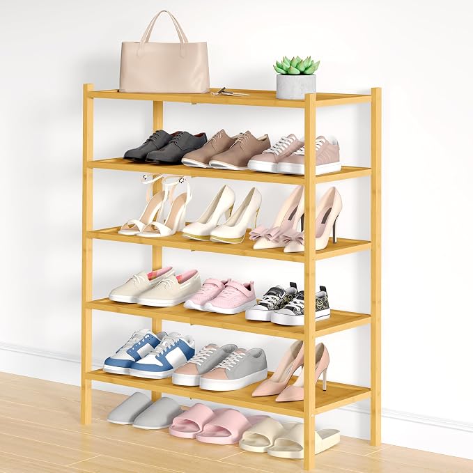 Smiry Bamboo Shoe Rack, 5 Tier Shoe Organizer for Entryway & Closet, Stackable Free Standing Storage Shelf for Shoes, Bags & Plants, Natural by Smiry