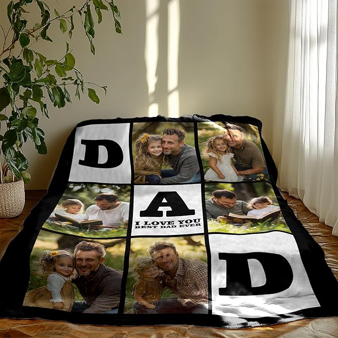 Personalized Father's Day Blanket Gifts for Husband Dad from Daughter Son Wife, Custom Blanket with Pictures Text, Fathers Day Christmas Birthday Gift for Father, Daddy, Husband, Men