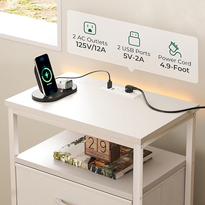 Huuger Night Stand with Charging Station, Multiple Drawer Dresser for Bedroom, Bedside Table, Tall Nightstand with PU Leather Finish, Open Shelf, End Table, for Closet, Entryway, Bedroom, White - Image 4