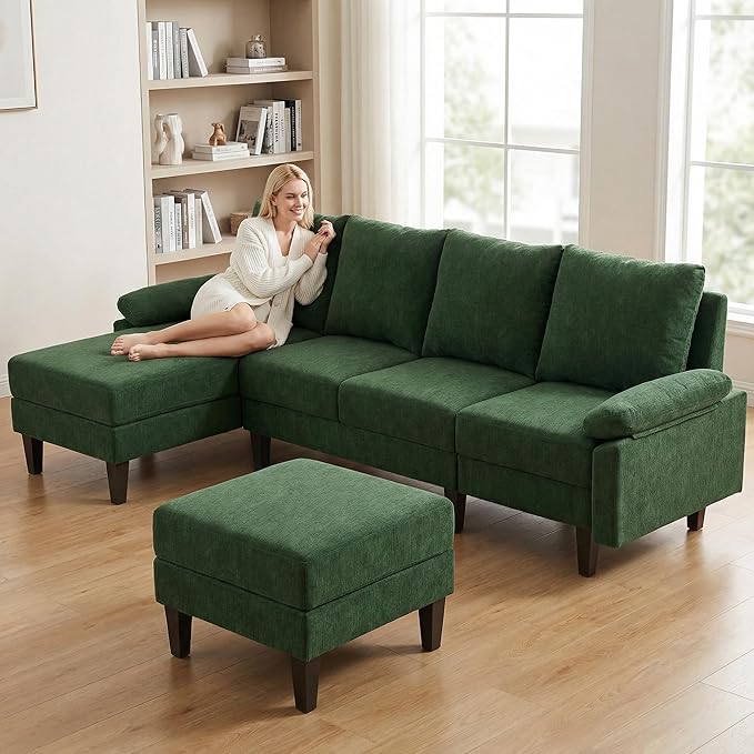 Modern L-Shaped Sectional Sofa with Storage Ottoman, Apartment Sectional Couch with Left Facing Chaise, 3-Piece Living Room Sofa Set, 115 Inch Furniture, Green