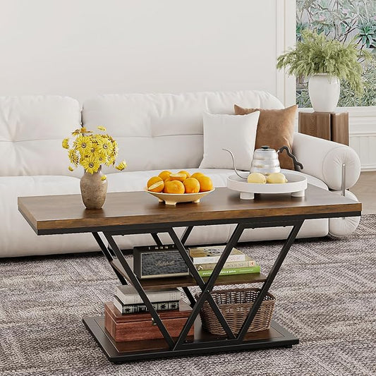 Coffee Table with Storage Industrial 3 Tier Center Living Room Table Farmhouse Wooden Rectangle Cocktail Rustic Tea Table for Office Bedroom(Brown)