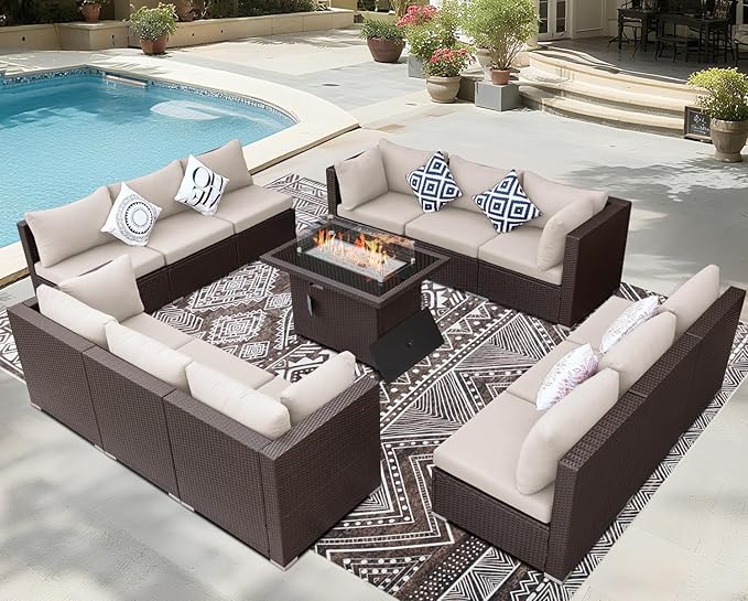 BULEXYARD 13 Piece High Back Wicker Patio Furniture Sets with Fire Pit, All-Weather Heavy Duty Outdoor Seating Set Modular, Extra Deep Wide 12-Person Sectional Couch Sofa for Backyard, Brown & Beige