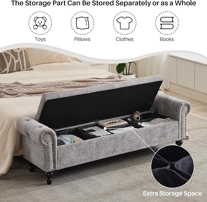 SOFTHION Storage Bench for Bedroom, 67" End of Bed Bench King Size, Upholstered Chenille Storage Ottoman with Tufted Cushioned Rolled Arm Large Storage Space for Living Room Entryway, Light Grey - Image 6
