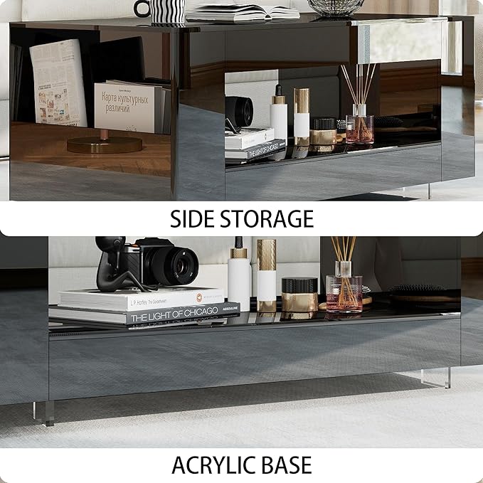 Glossy Coffee Table with Open Shelf Storage - High Gloss Modern Cocktail Table for Living Room, Bedroom, Office