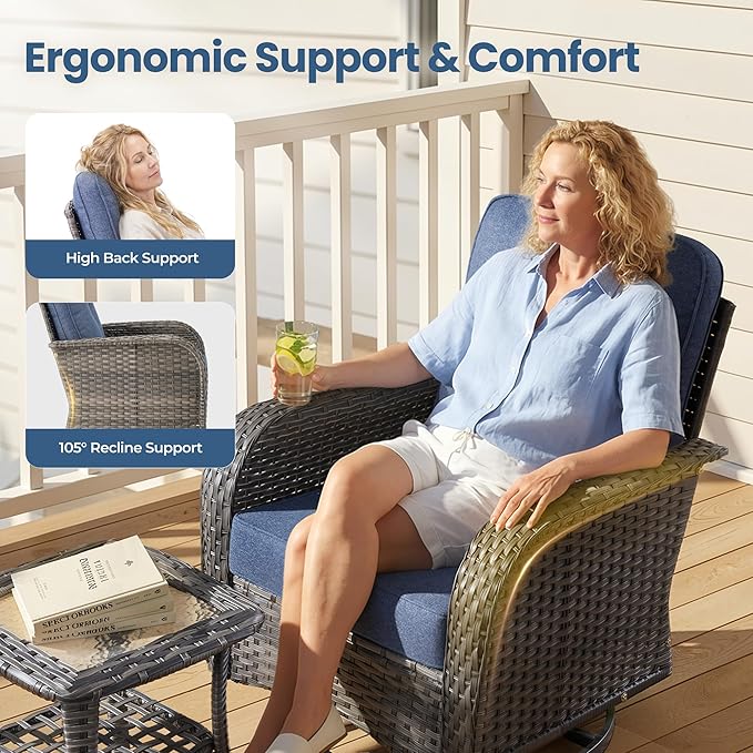 Weaxty 7 Pieces Patio Furniture Set,Wicker Outdoor Swivel Rocking Chairs,Rattan Loveseat Couch,Coffee Table,Patio Sofa Conversation Sets for Deck Backyard Porch Poolside, Denim Blue