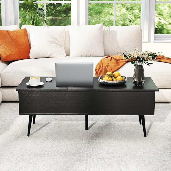 Tangkula Lift Top Coffee Table, Mid Century Modern Center Table with Split Top & 2 Hidden Compartments, Rectangle Accent Table with Tapered Metal Legs for Living Room (Black)