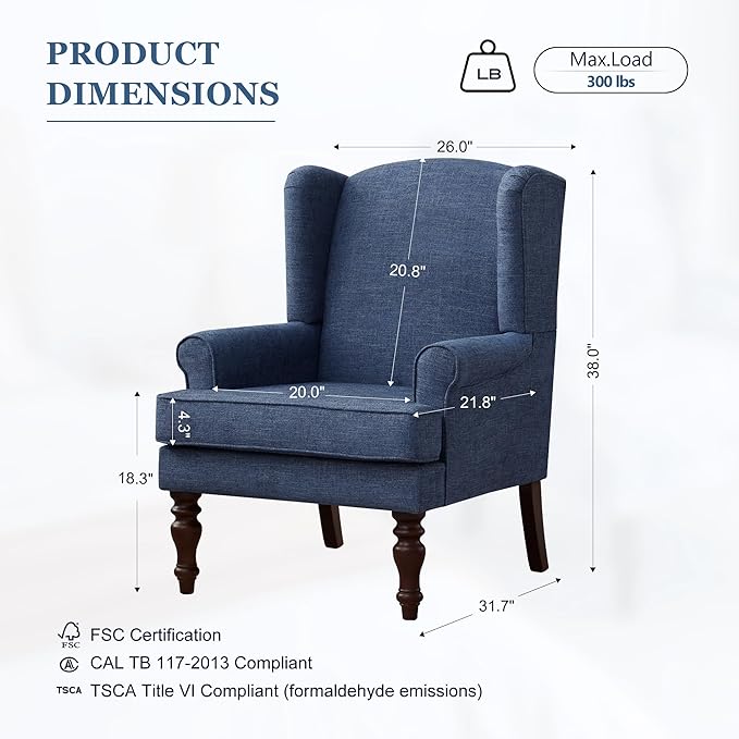 HUIMO Printed Wingback Accent Chair, Linen Upholstered High Back Armchair, Comfy Reading Chair for Living Room Bedroom Study, 300lbs Weight Capacity (2, Navy Blue)
