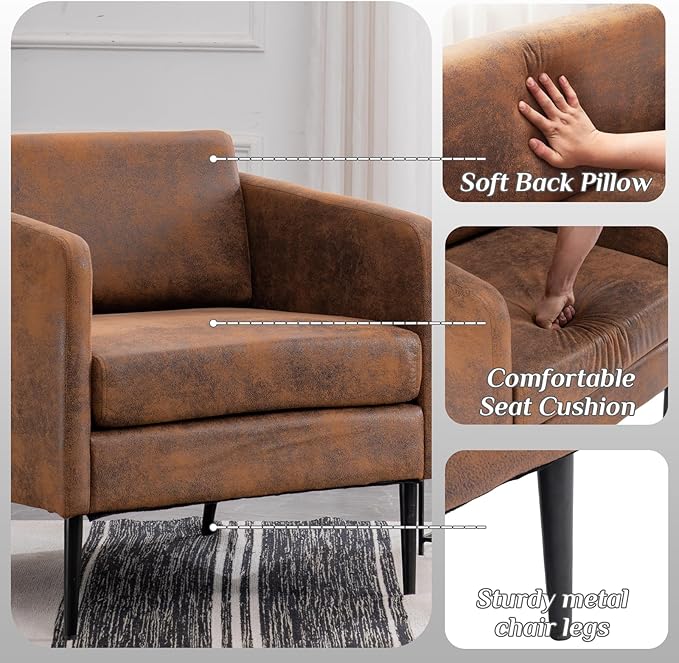 Karl home Mid-Century Accent Chair Retro Club Chair Bronzing Cloth Living Room Chair with Metal Legs for Bedroom/Office/Cafe,Cozy Armchair,Brown