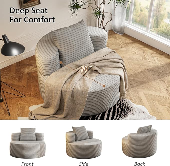 37.4" Boneless Round Chair, Oversized Chaise Lounge Cloud Chair Indoor, Upholstered Corduroy Deep Seat Sofa Accent Chair, No Assembly Required, for Living Room Bedroom Apartment