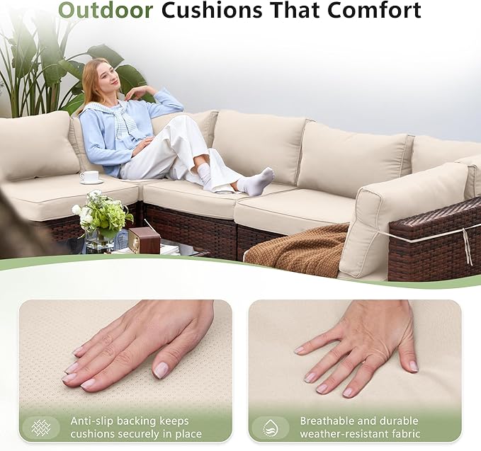 Amopatio Patio Furniture Set 7 Pieces Patio Conversation Set Outdoor Sectional Wicker Rattan Sofa with All-Weather Cover, Patio Furniture with Pillows Fits Porch Garden Backyard Balcony (Cream)